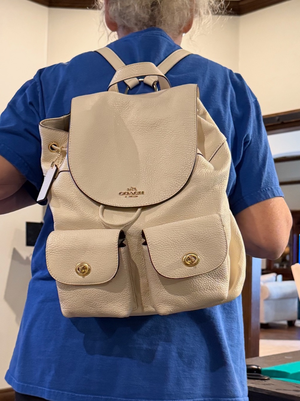 Coach Cream Pebbled Leather Drawstring Backpack with Gold Hardware